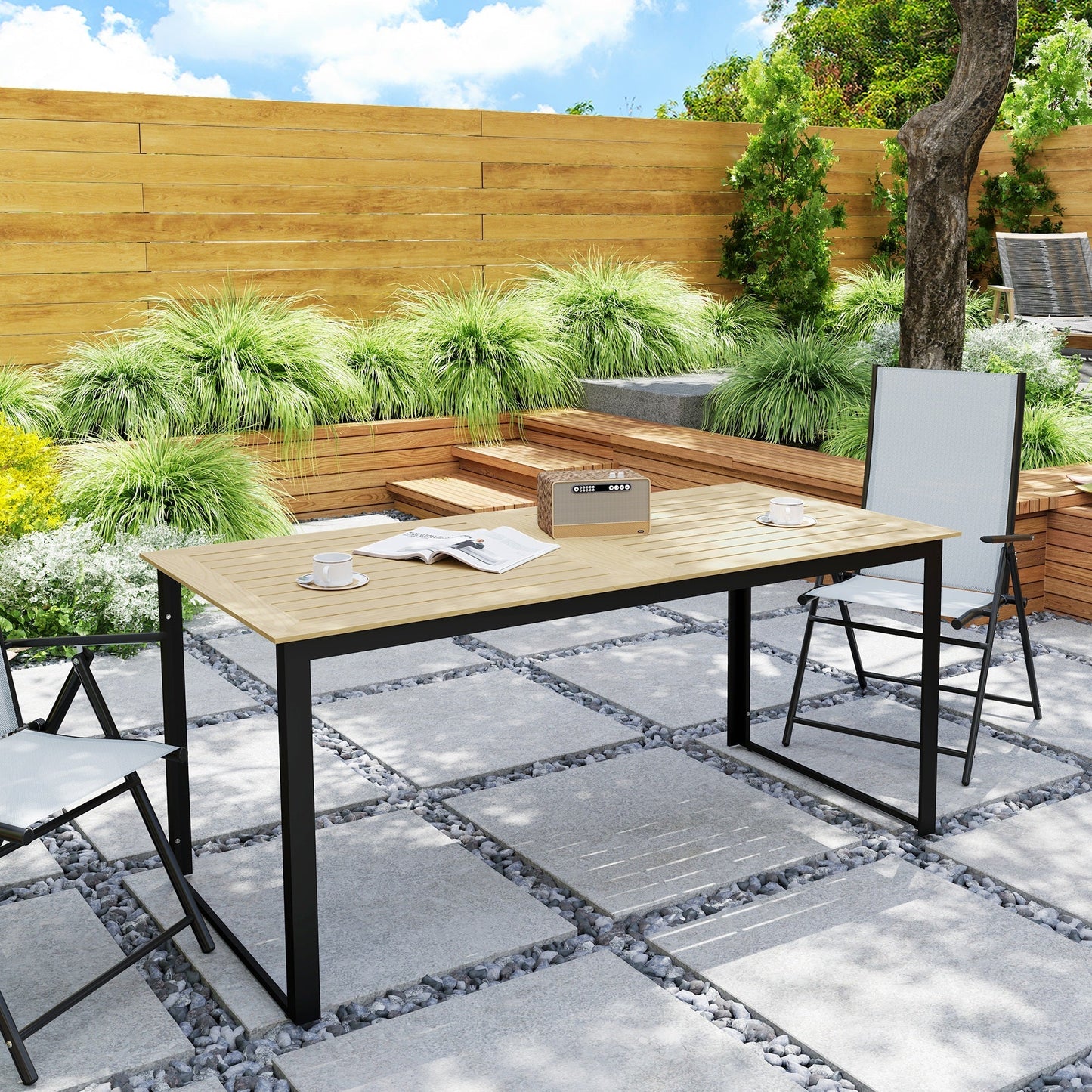 Outsunny Garden Dining Table, 175 x 78 x 75 cm Rectangle Outdoor Table for 6 People with Slatted Table Top, Metal Frame, for Balcony, Deck, Teak