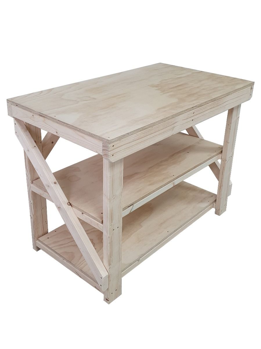 Wooden Workbench Superior Strength 18mm Plywood Top With Double Shelf