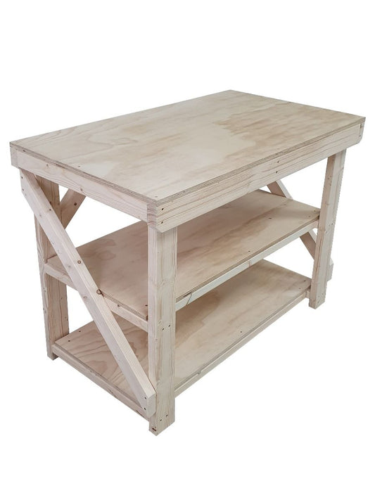 Wooden Workbench Superior Strength 18mm Plywood Top With Double Shelf