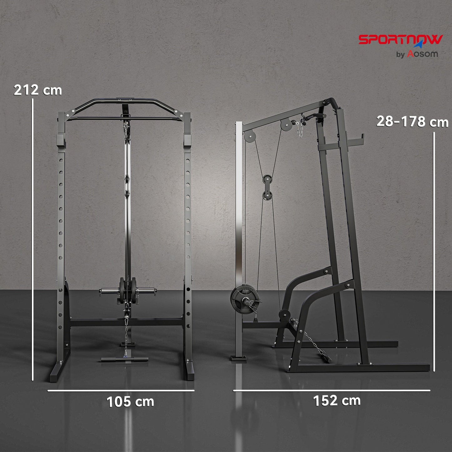 SPORTNOW Power Cage Power Rack with 15-Level Squat Rack, Cable Pulley System, Lat Pulldown & Pull Up Bar