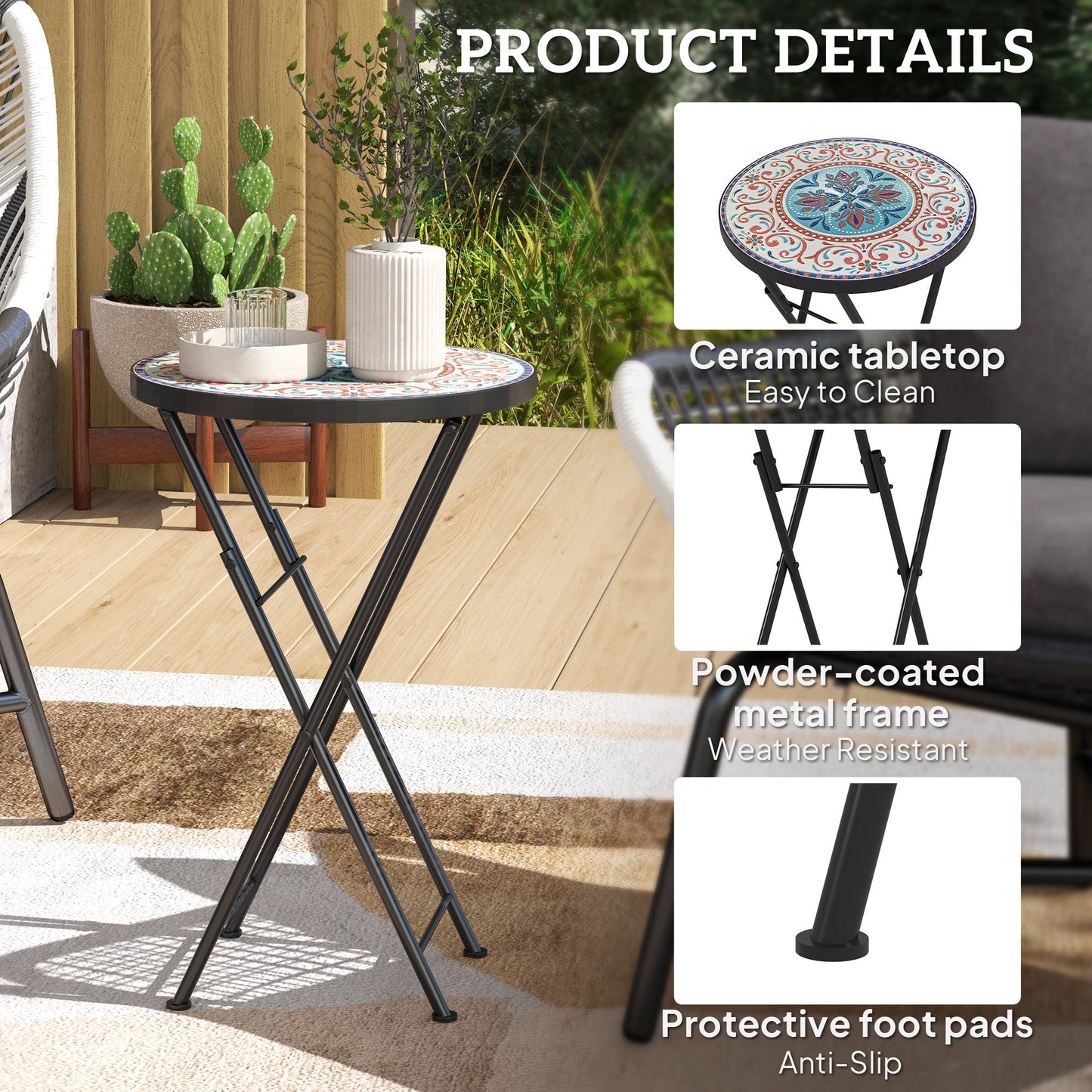 Outsunny Mosaic Outdoor Garden Table, 35.5cm Round Folding Coffee Table with Metal Frame for Balcony Terrace, Multicolour