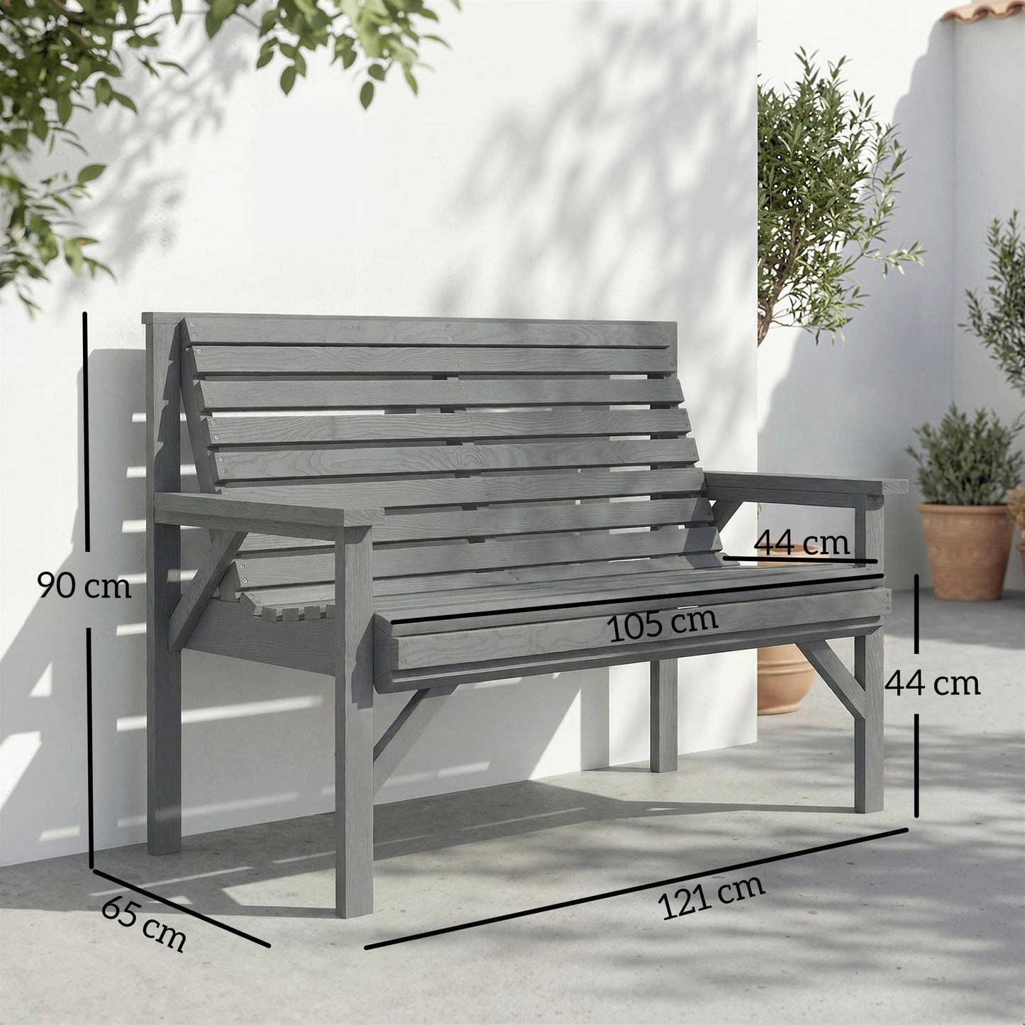 Outsunny 2 Seater Wooden Garden Bench, Slatted Patio Bench with Armrest and Backrest, Outdoor Furniture for Indoor, Balcony