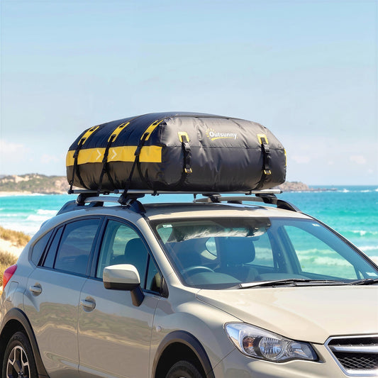 Outsunny Car Roof Bag, 21 Cubic Feet Waterproof Soft Car Roof Box Roofing Cargo Carrier w/ Reflective Arrows, Door Hooks, Yellow