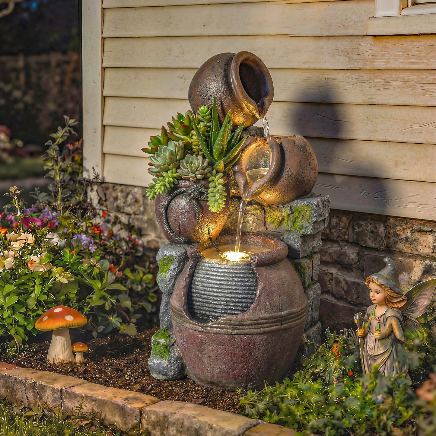 Outsunny Outdoor Fountain with 4-Tier Rustic Pots & Planter, Garden Fountain with LED Lights, Rustic Brown