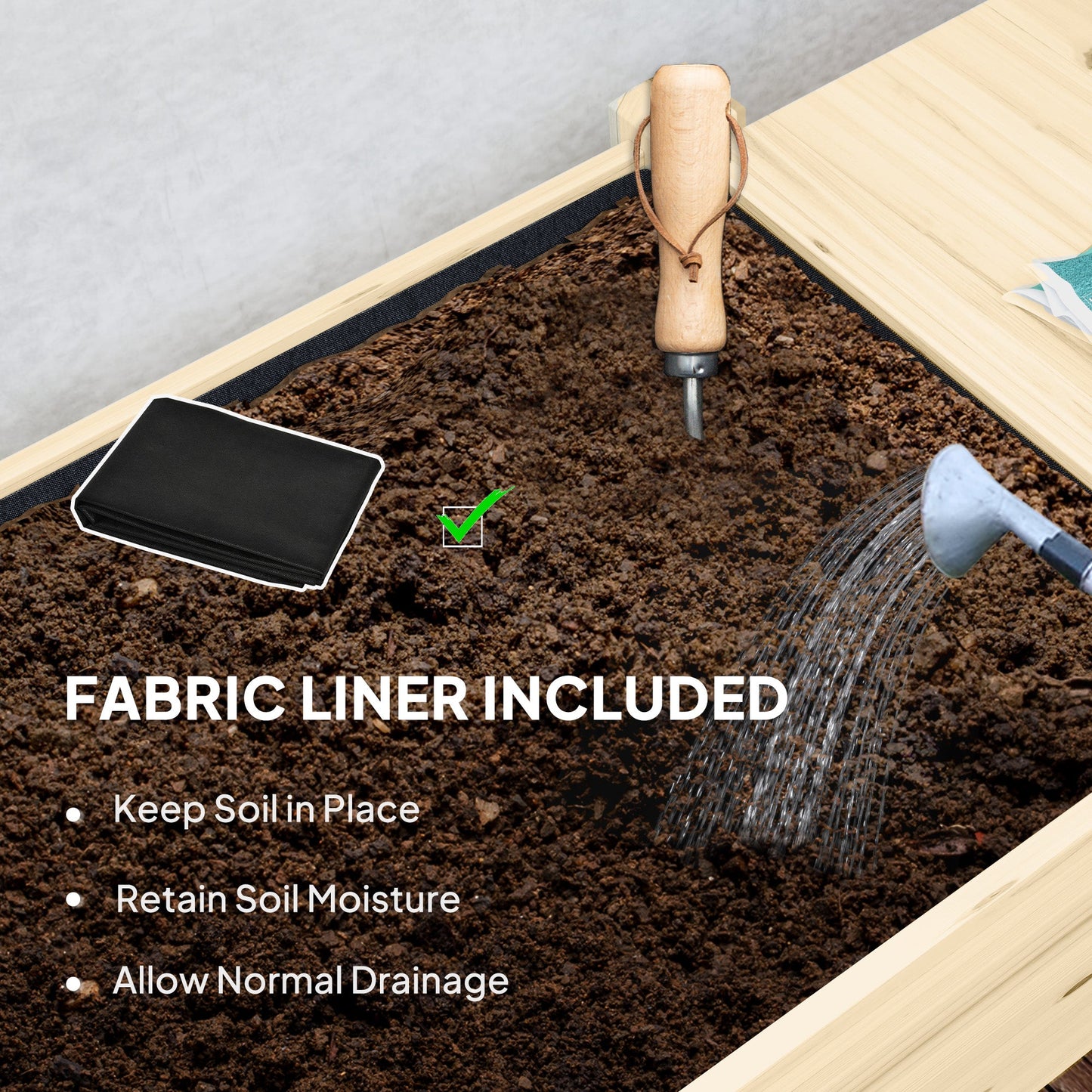Outsunny Raised Garden Bed, Wooden Elevated Planter Box with Lockable Wheels, Side Tables and Bottom Shelf, Outdoor Planter with Liner and Drainage Holes for Vegetables, Flowers, Fruits, Natural