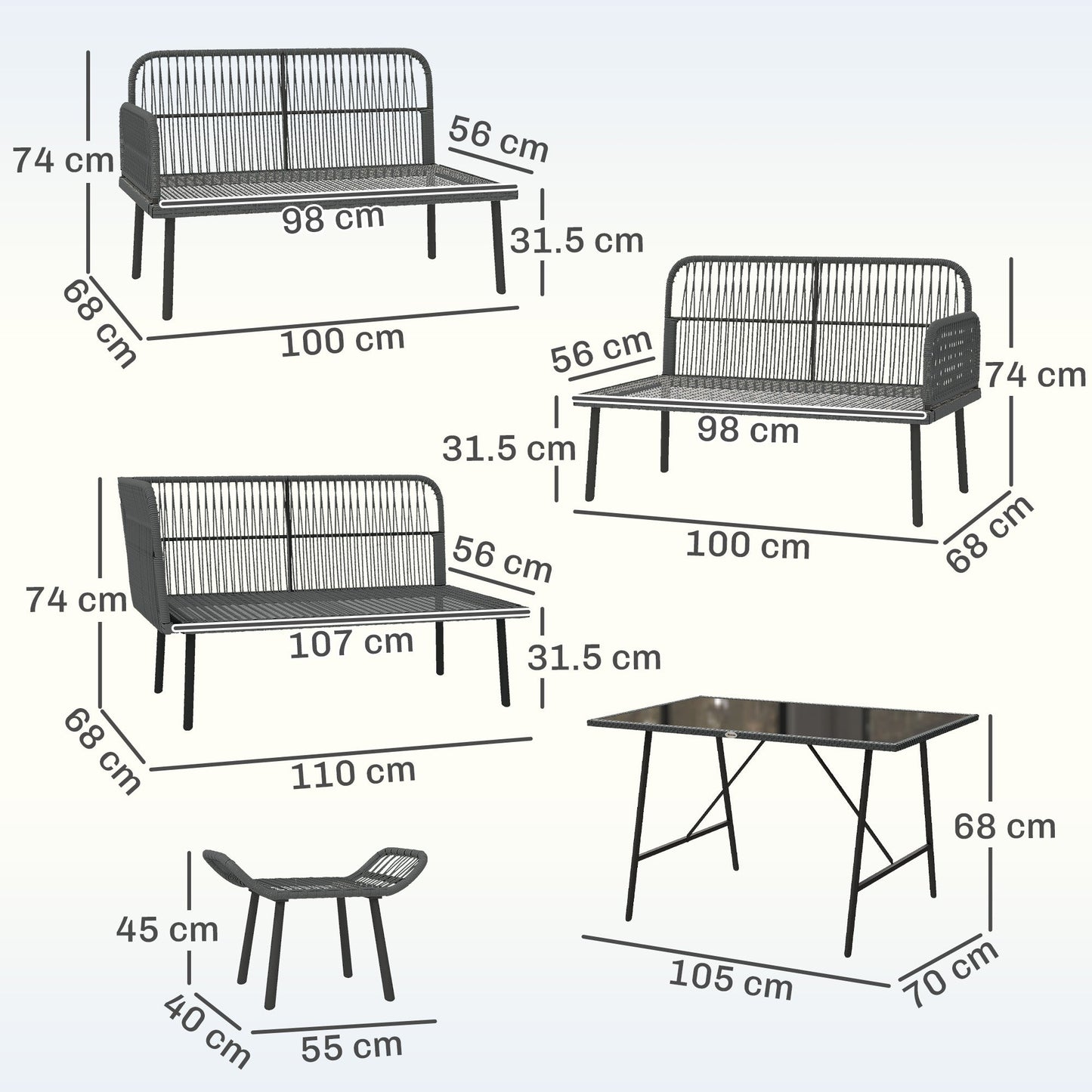Outsunny 6 Piece Rattan Garden Furniture Set, 8 Seater Garden Corner Sofa with Cushions and Glass Top Table, Orange
