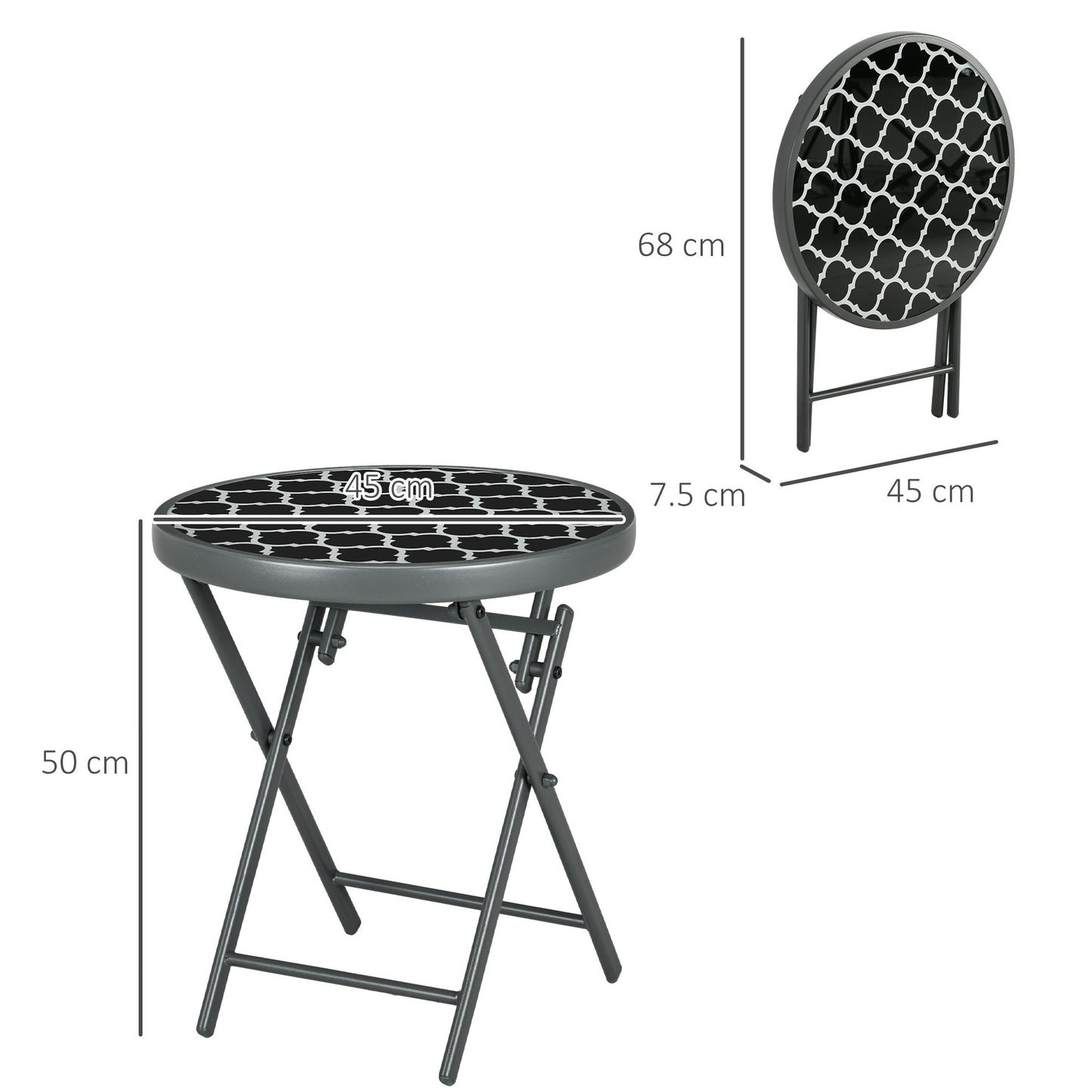 Outsunny \'ce\'a645cm Garden Side Table, Outdoor Round Folding Patio Table with Imitation Marble Glass Top, Small Coffee Table, Black and White