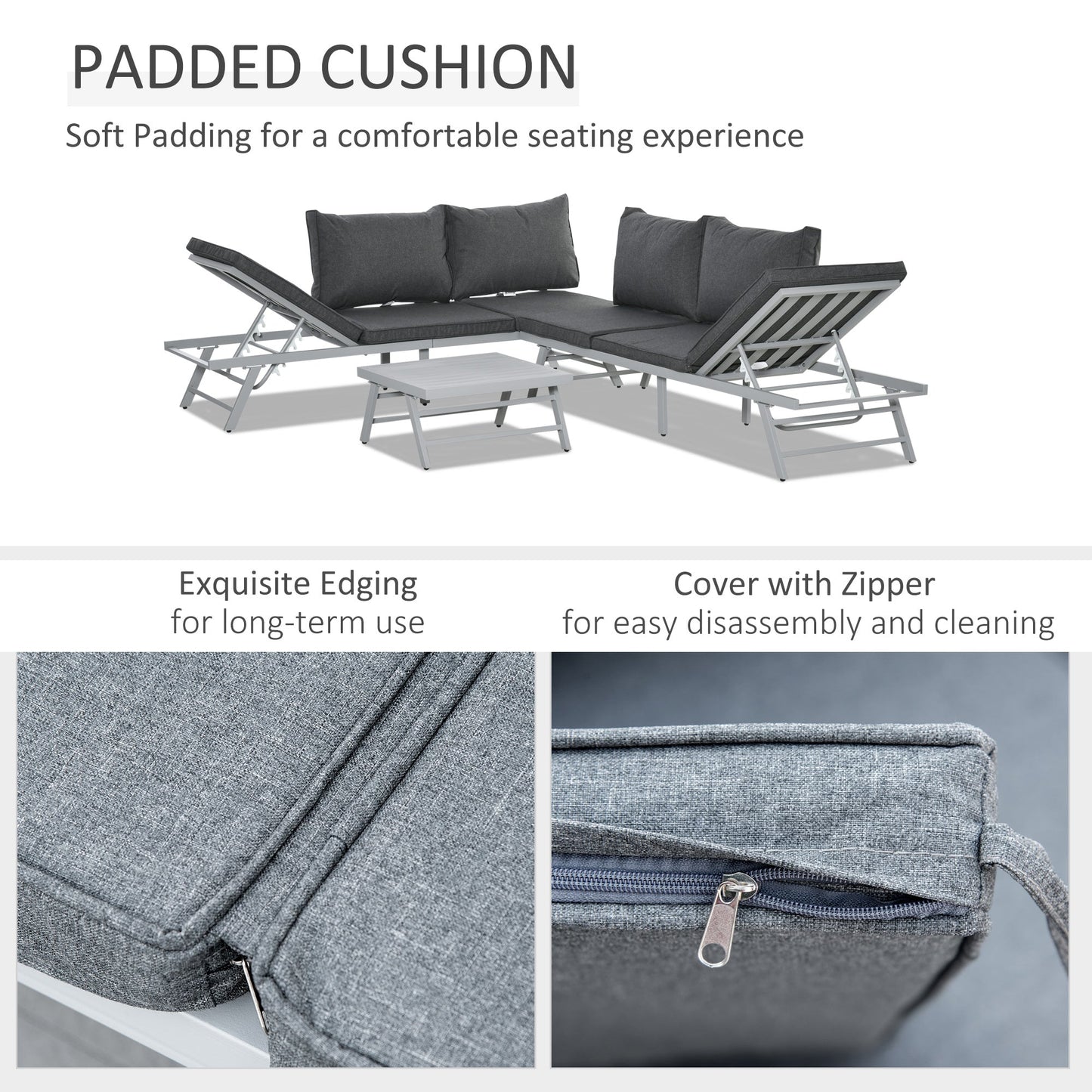 Outsunny 3 Pieces Garden Furniture Sets, 6 Seater Corner Sofa Set with Adjustable Backrest Chase Lounge with Slatted Metal Top Table, Padded Cushion, Grey