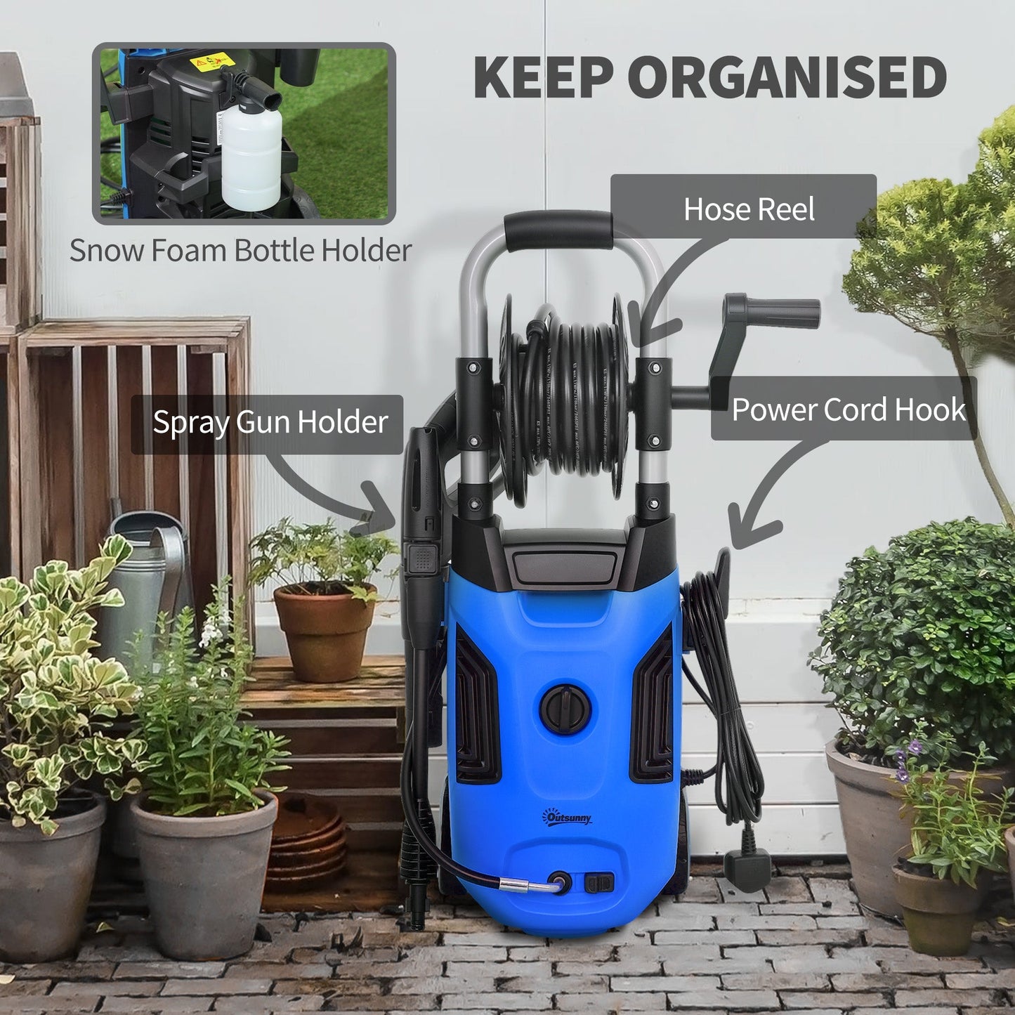 Outsunny 1800W High Pressure Washer, 150 Bar Pressure, 420 L/h Flow, Portable Power Washer Jet Wash Cleaner with Adjustable Nozzle, 6M Hose, Hose Reel, Steel Handle for Home Patio Car Driveway, Blue