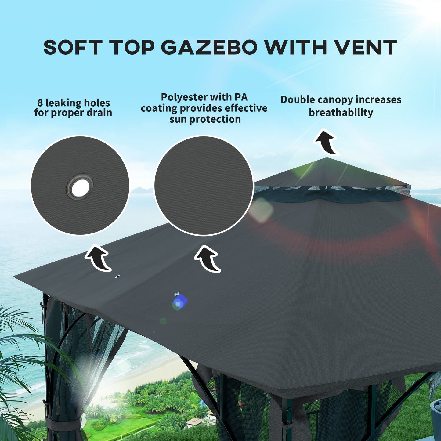 Outsunny 3 x 3(m) Garden Gazebo Patio Party Tent Shelter Outdoor Canopy Double Tier Sun Shade Metal Frame Netting, Dark Grey