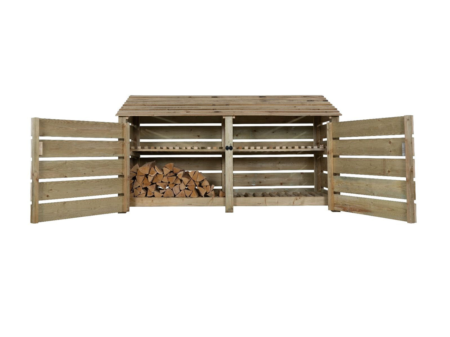 Slatted Wooden Log Store with Doors and Shelf W-227cm, H-126cm or 180cm, D-88cm