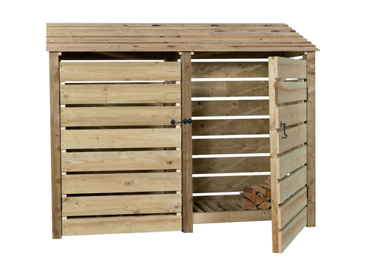 Slatted Wooden Log Store with Doors W-227cm, H-126cm or 180cm, D-88cm