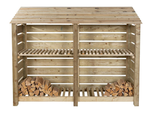 Slatted Wooden Log Store with Shelf W-227cm, H-126cm or 180cm, D-88cm