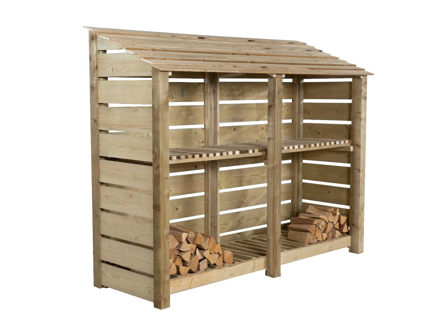 Slatted Wooden Log Store with Shelf W-227cm, H-126cm or 180cm, D-88cm