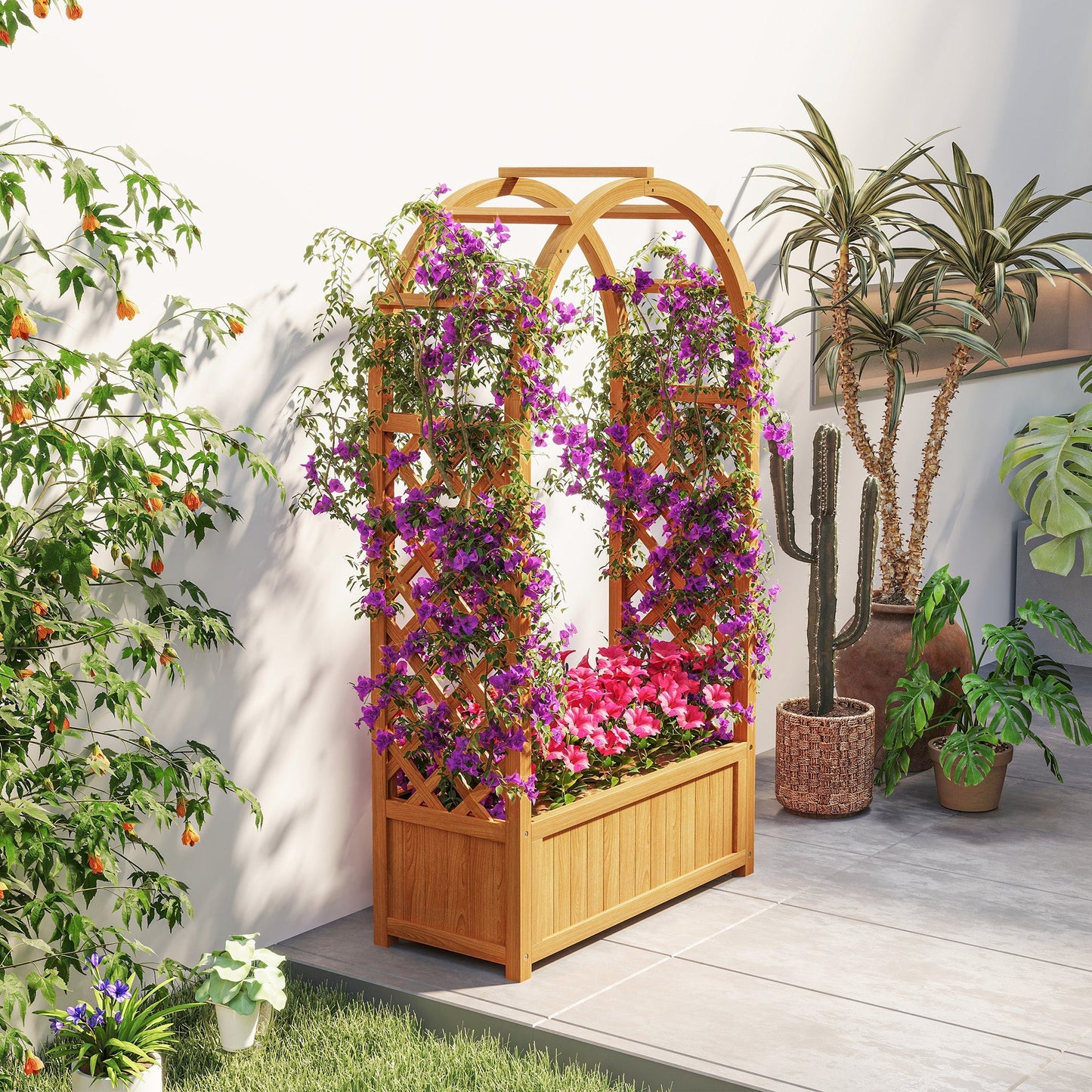 Outsunny Wooden Raised Garden Bed with Trellis, Liner, Drainage Holes, for Vine Climbing Plants, Flowers, 83 x 36 x 145 cm