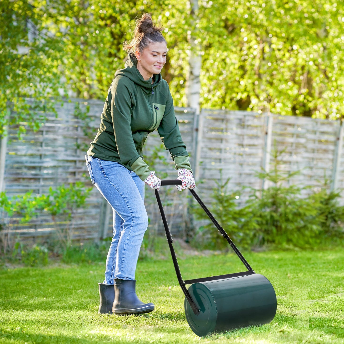 Outsunny 30 L Heavy Duty Water Or Sand Filled Φ30cm Garden Steel Lawn Roller Drum - Dark Green