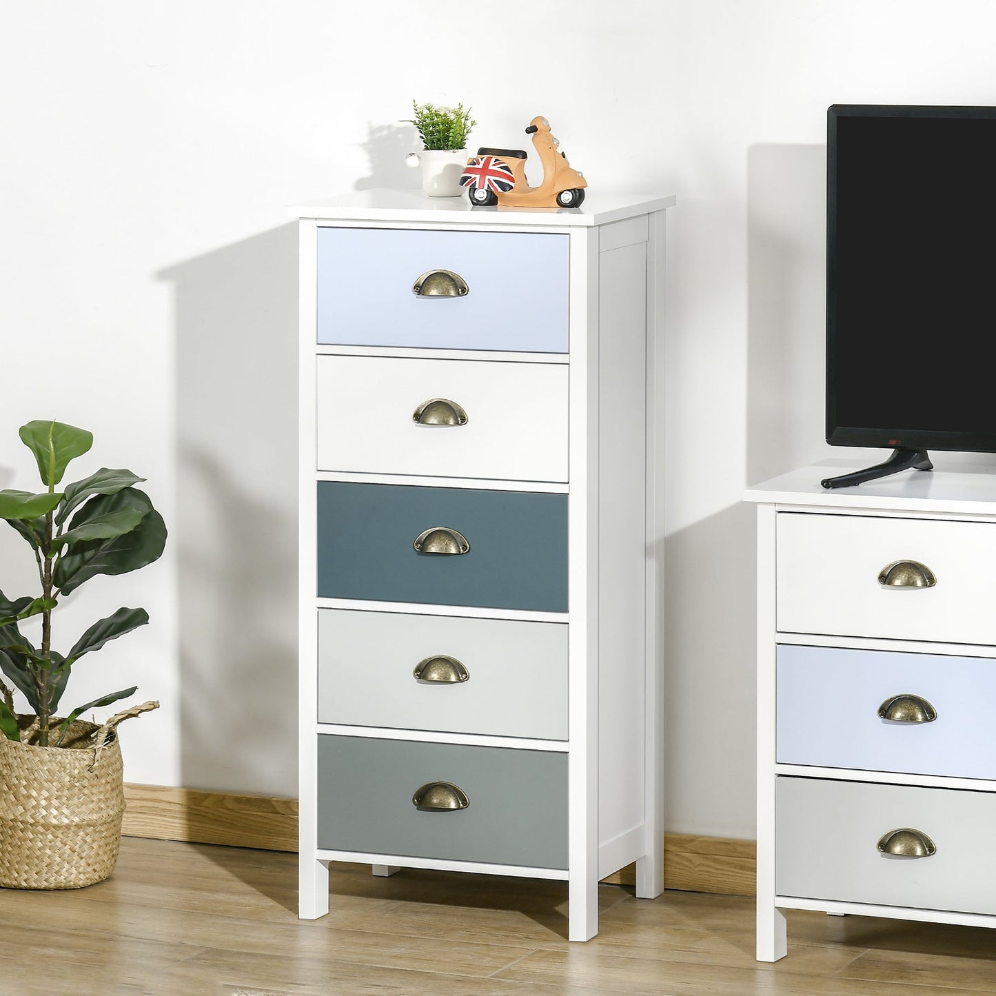 HOMCOM Slim Storage Cabinet Organiser, Chest of Drawers, 5-Drawer Dresser with Metal Handle for Living Room, Bedroom, Blue