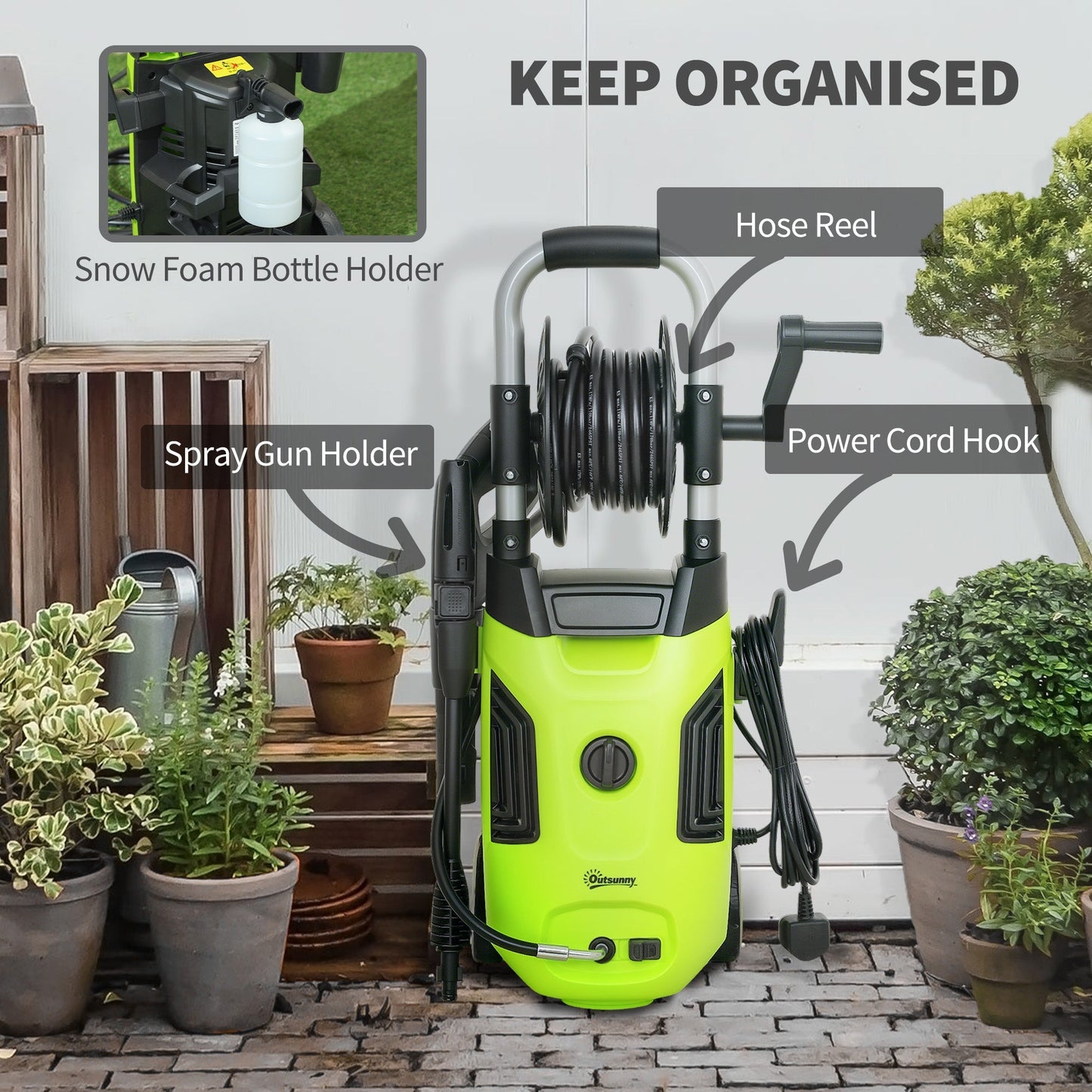Outsunny 1800W High Pressure Washer, 150 Bar Pressure, 420 L/h Flow, Portable Power Washer Jet Wash Cleaner with Adjustable Nozzle, 6M Hose, Hose Reel, Steel Handle for Home Patio Car Driveway, Green