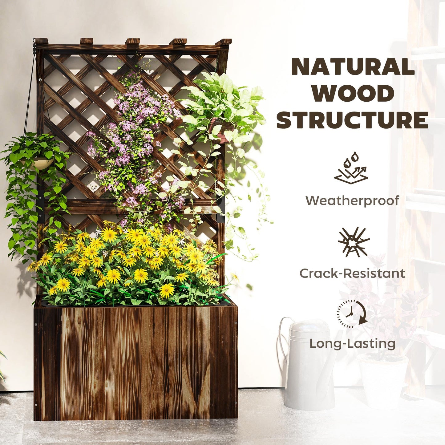 Outsunny Wooden Planter with Trellis, Freestanding Raised Garden Bed with Drainage Holes, Outdoor Planter Box with Liner for Vegetables, Herbs and Flowers, Carbonised