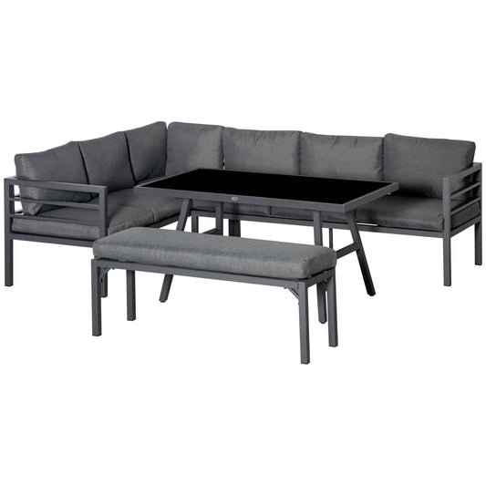 Outsunny\'c2\'a04\'c2\'a0Piece\'c2\'a0L-shaped Garden Furniture Set 8-Seater Aluminium Outdoor Dining Set Conversation Sofa Set w/ Bench, Dining Table & Cushions,\'c2\'a0Grey