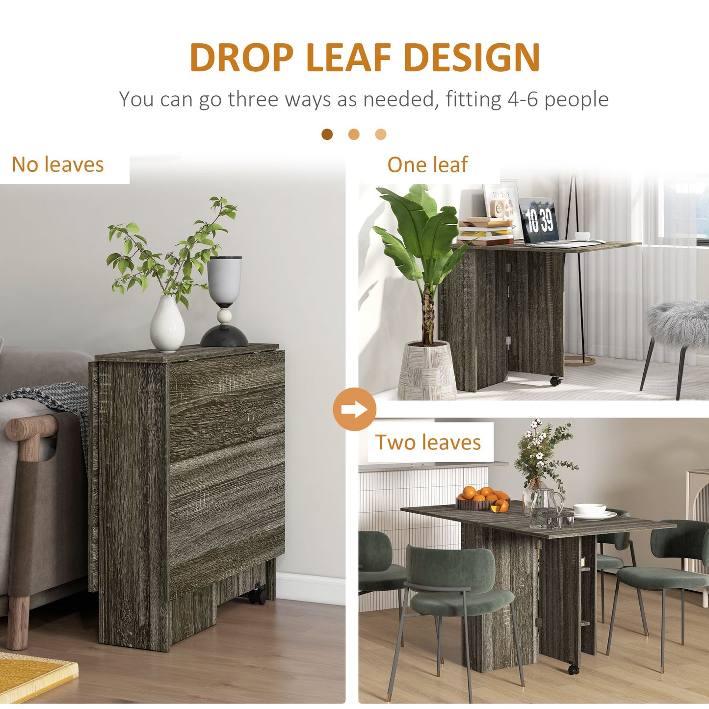 HOMCOM Folding Dining Table, Drop Leaf Table with 2-Tier Shelves, Rolling Casters, for Small Spaces, Kitchen, Grey