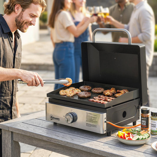Outsunny Grill Griddle, Portable Gas Plancha, 3.5 kW, Tabletop Gas BBQ with Grease Cup for Camping Picnic Patios, Black