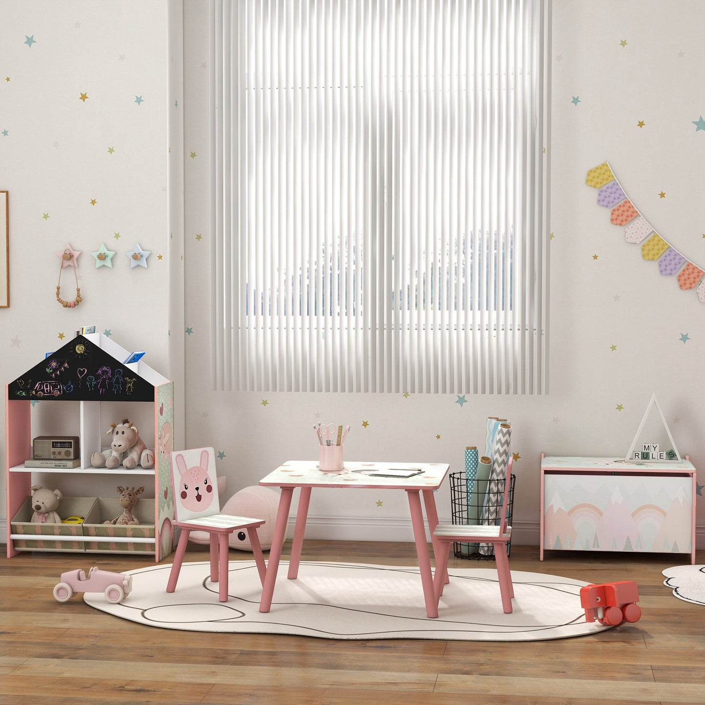 ZONEKIZ Kids and Table Chairs, Children Desk with Two Chairs, Toddler Furniture Set, for Ages 3-6 Years - Pink