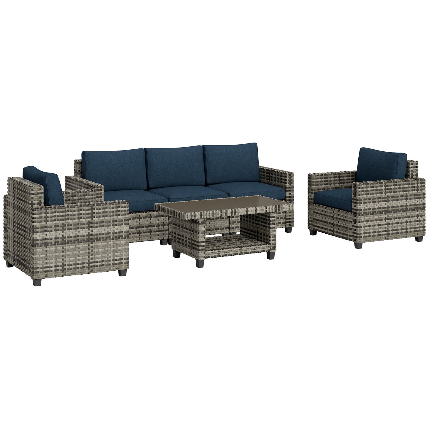 Outsunny 6 Pieces Rattan Garden Furniture Set, 5 Seater Wicker Outdoor Furniture Set with 2 Armchairs, Steel Frame Coffee Table and Cushions for Balcony, Porch, Navy Blue