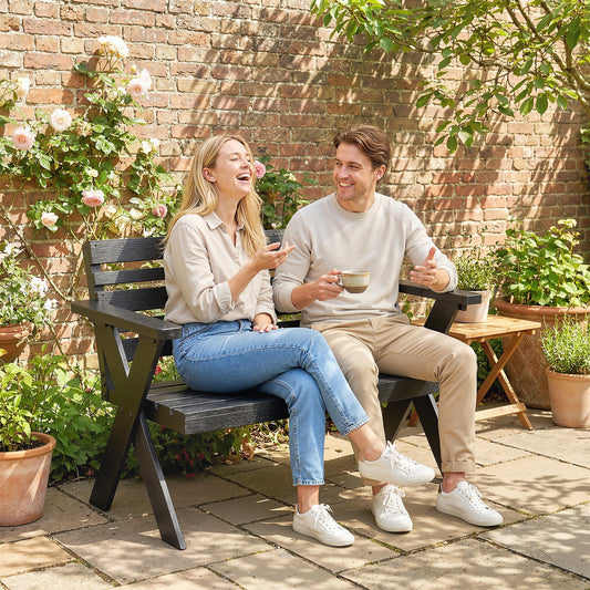 Outsunny 2 Seater Wooden Garden Bench, Slatted Patio Bench with Armrest and Backrest, Black