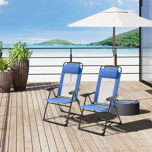 Outsunny Folding Garden Chairs Set of 2, 5-Position Recliner Camping Chair with High Back, All Weather Texteline Seat, Portable Outdoor Dining Chairs with Headrests for Patio, Picnic, Blue