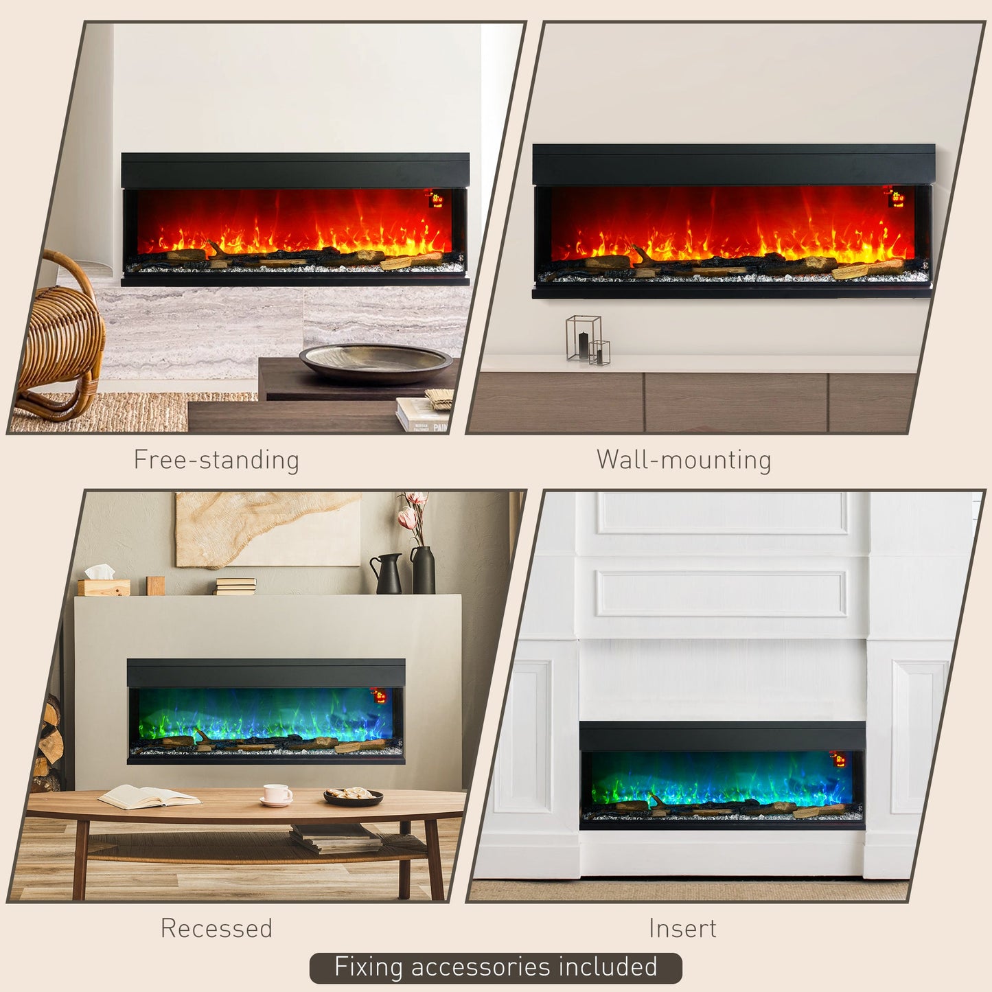 HOMCOM 1800W 15-40\'e2\'84\'83 Adjustable Flame Glass Panel Convector Heater, 127cm