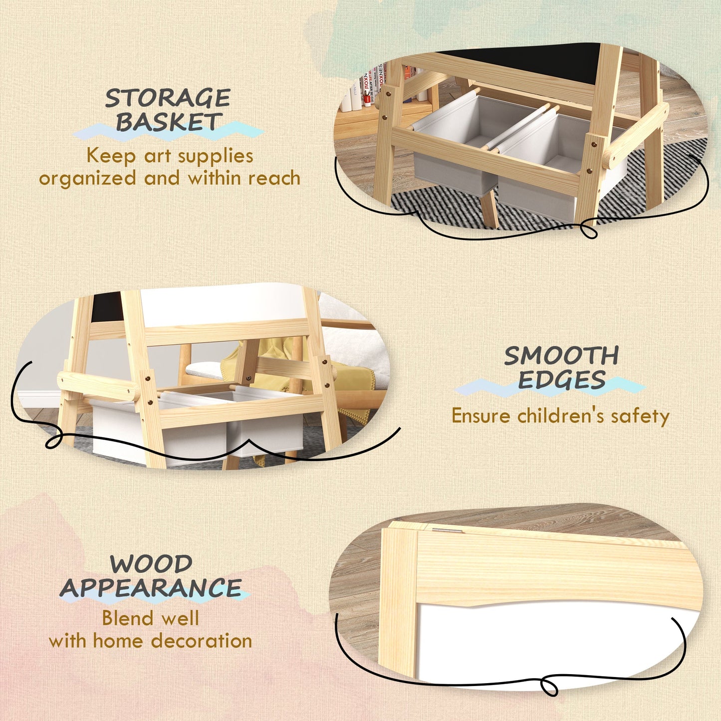 AIYAPLAY Kids Easel with Paper Roll, 3 in 1 Art Easel for Toddlers, Double-Sided Kids Whiteboard Blackboard with Storage Baskets for Ages 3-6 Years - Natural Wood Finish