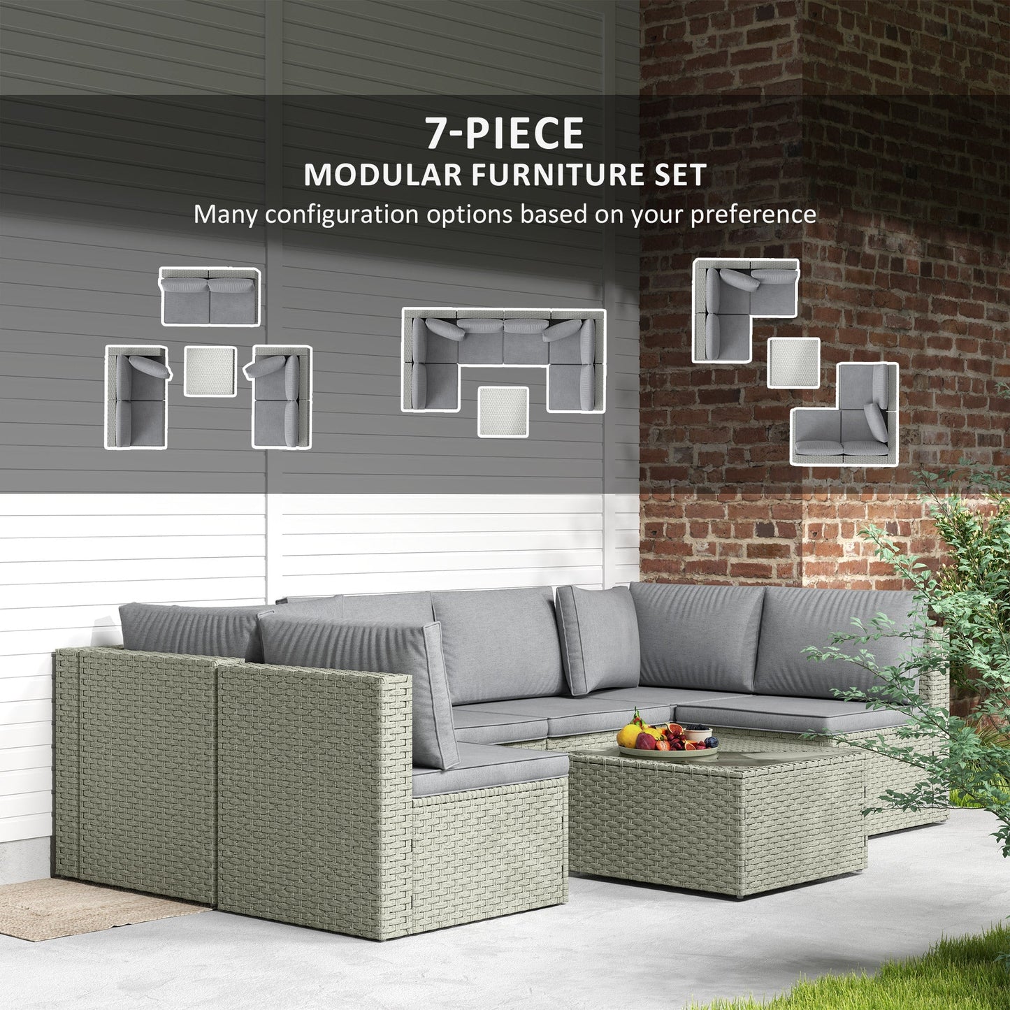 Outsunny 7 Pieces Rattan Garden Furniture Set, 6 Seater Garden Corner Sofa with Wide Seat, Cushions and Glass Top Table, Sectional Outdoor Furniture Conservatory Set for Patio, Light Brown