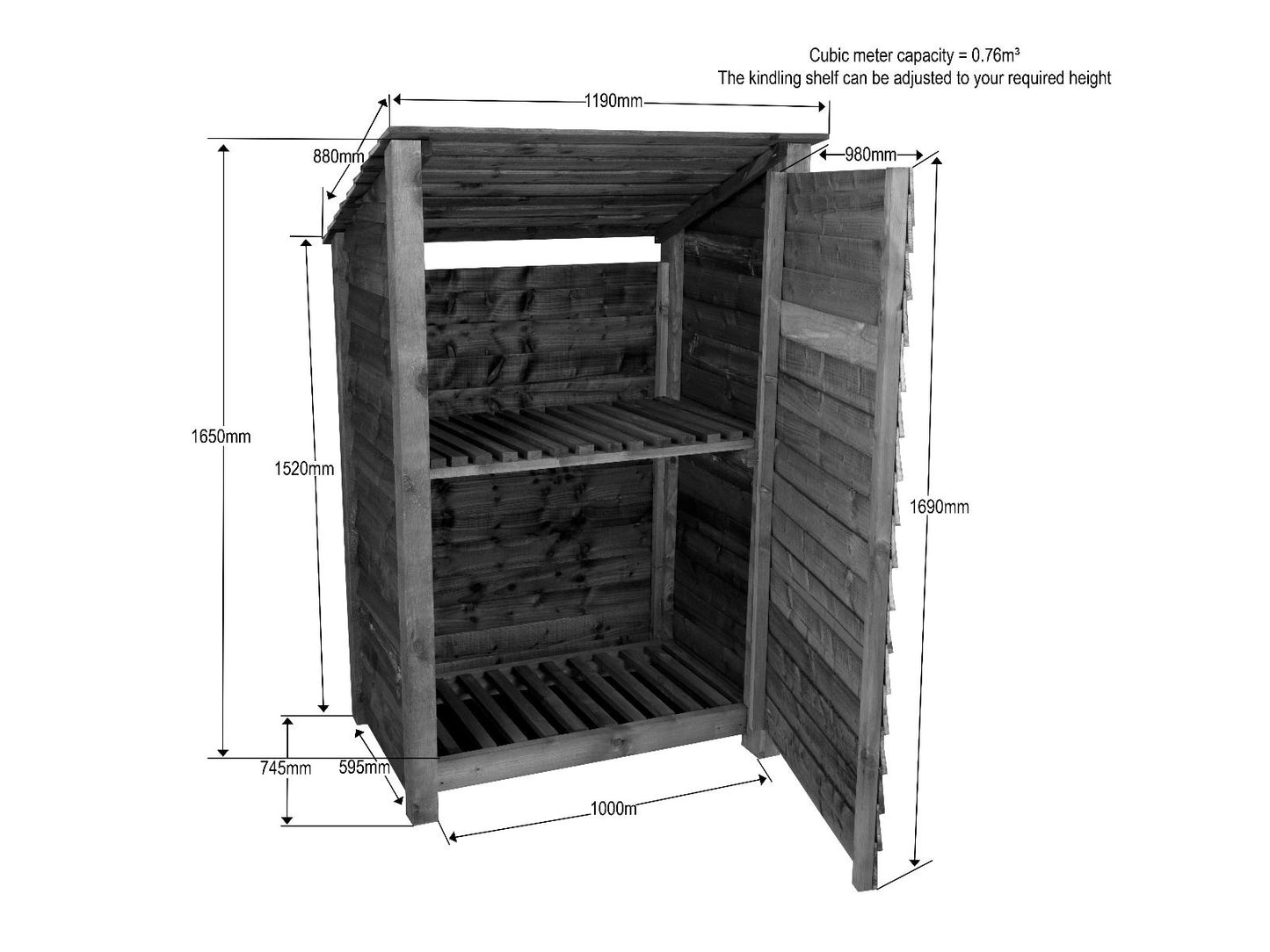 Wooden Garden Tool Storage with Shelf (Roof Sloping Back) W-119cm, H-126cm or 180cm, D-88cm - Brown Finish