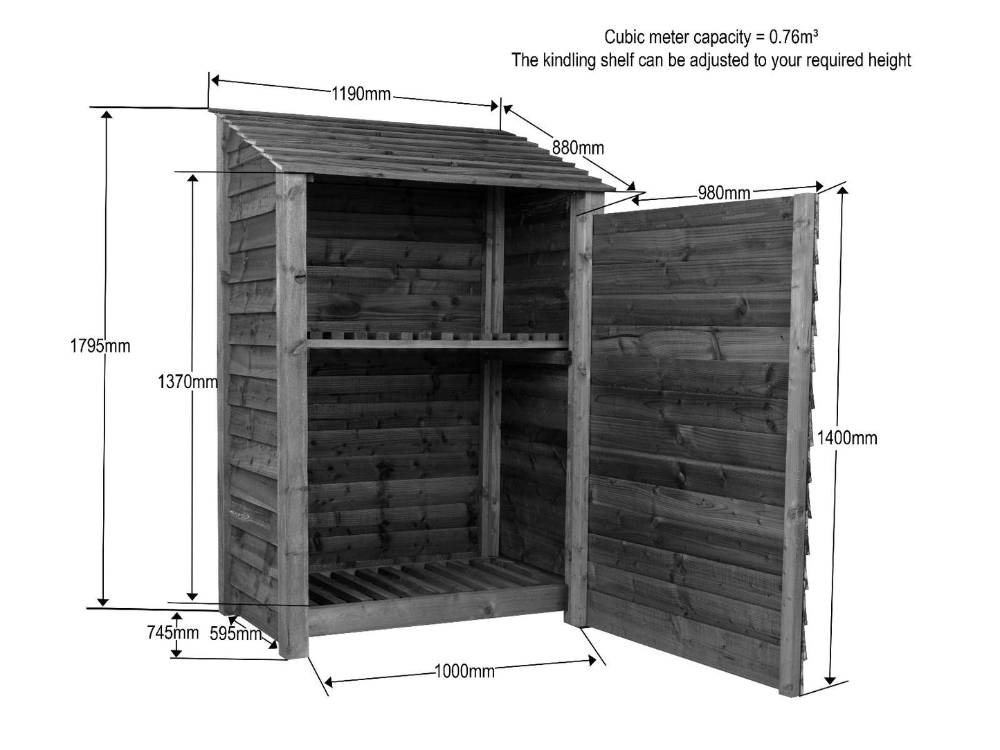 Wooden Log Store with Door and Shelf W-119cm, H-126cm Or 180cm, D-88cm