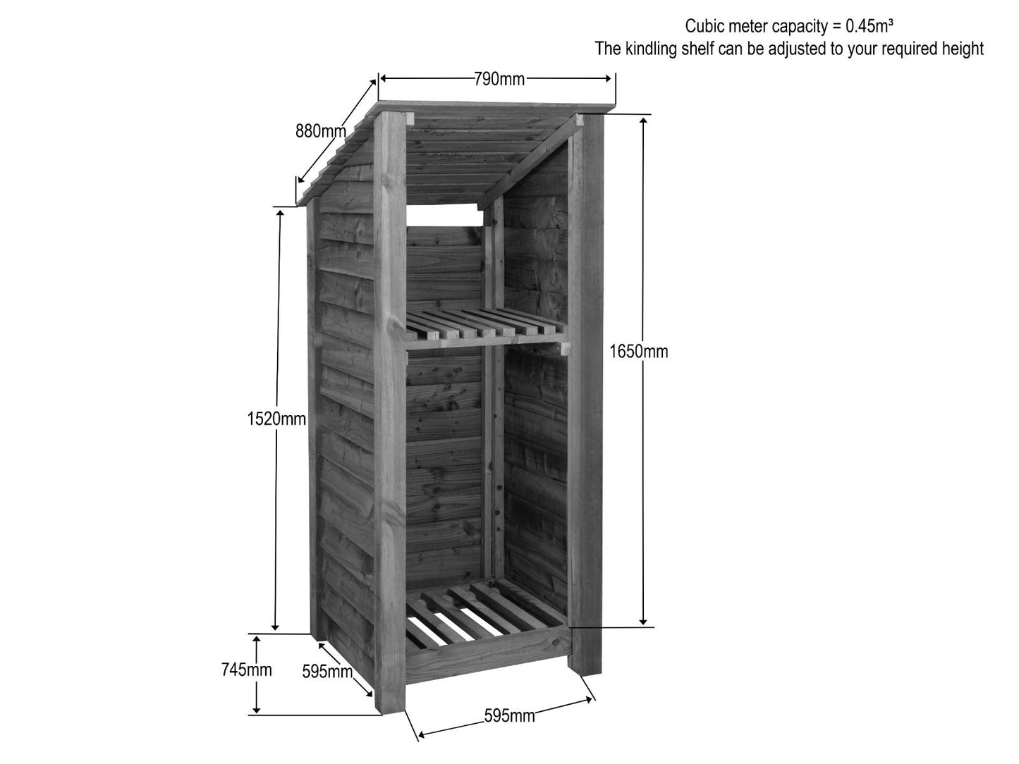 Wooden Log Store with Shelf (Roof Sloping Back) W-79cm, H-126cm or 180cm, D-88cm - Brown Finish