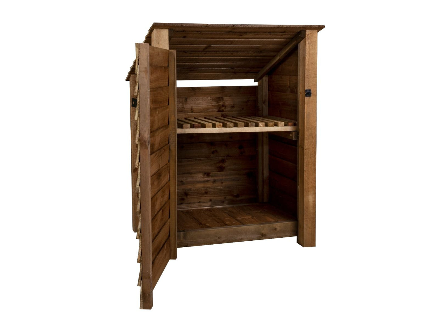 Wooden Garden Tool Storage with Shelf (Roof Sloping Back) W-99cm, H-126cm or 180cm, D-88cm - Brown Finish