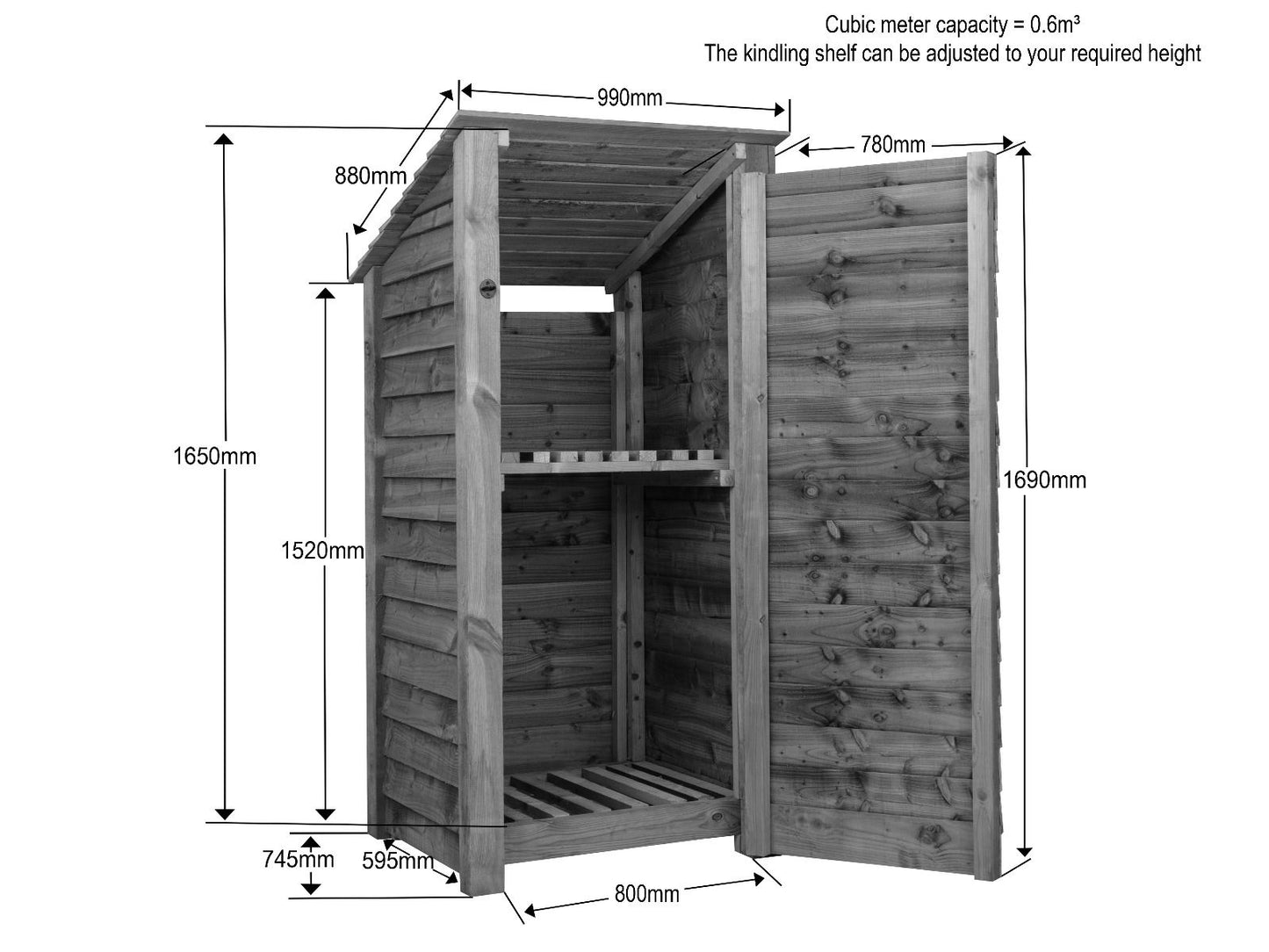 Wooden Log Store with Door and Shelf (Roof Sloping Back) W-99cm, H-126cm Or 180cm, D-88cm - Brown Finish