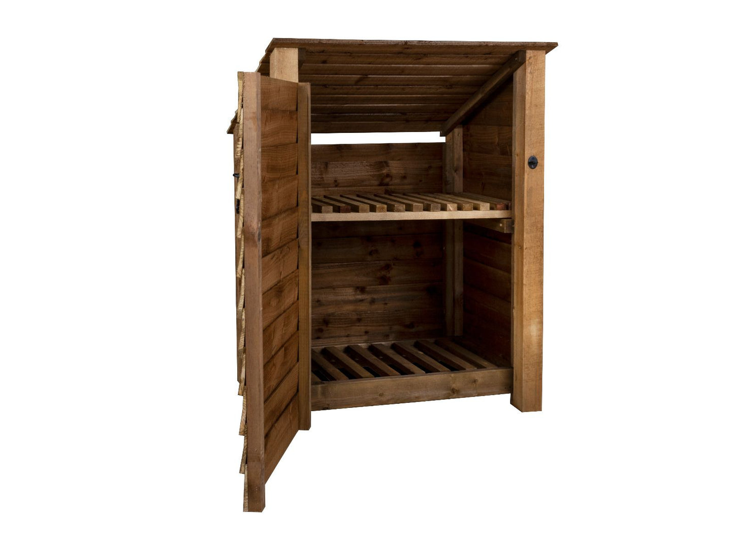 Wooden Log Store with Door and Shelf (Roof Sloping Back) W-99cm, H-126cm Or 180cm, D-88cm - Brown Finish