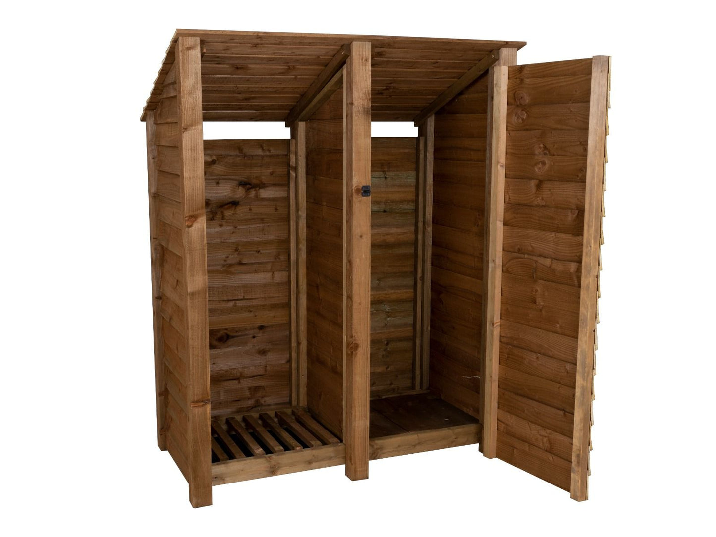Wooden Garden Tool Storage (Roof Sloping Back) W-146cm, H-126cm or 180cm, D-88cm - Brown Finish