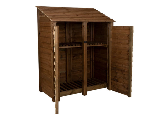 Wooden Log Store with Door and Shelf W-146cm, H-126cm or 180cm, D-88cm - Brown Finish
