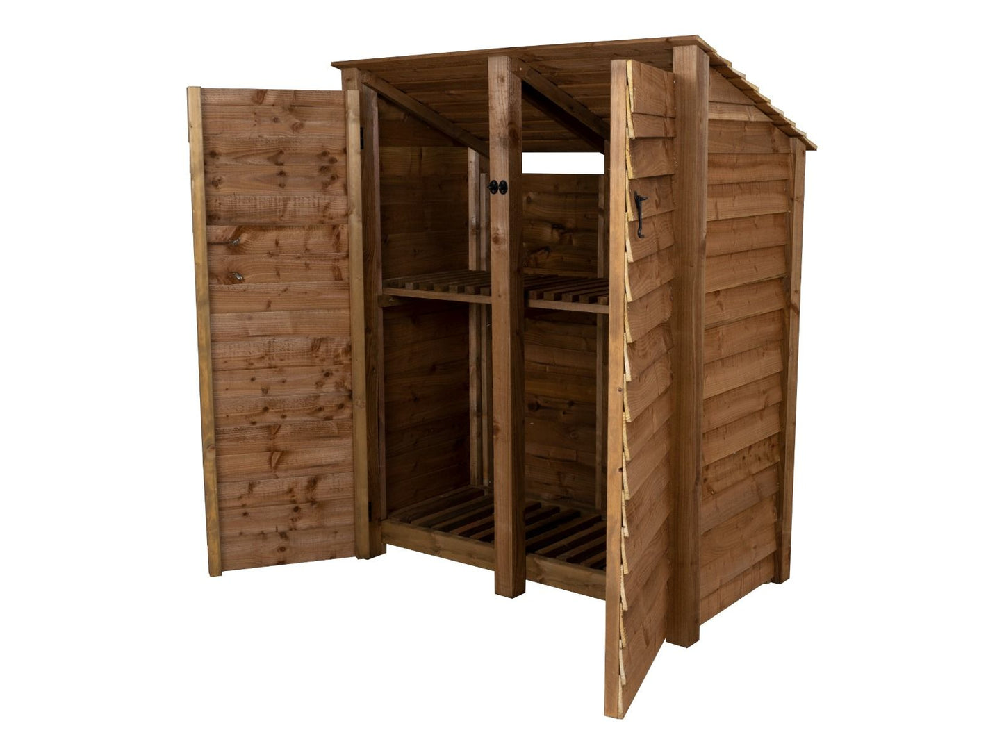 Wooden Log Store (Roof Sloping Back) with Door and Shelf W-146cm, H-126cm or 180cm, D-88cm - Brown Finish