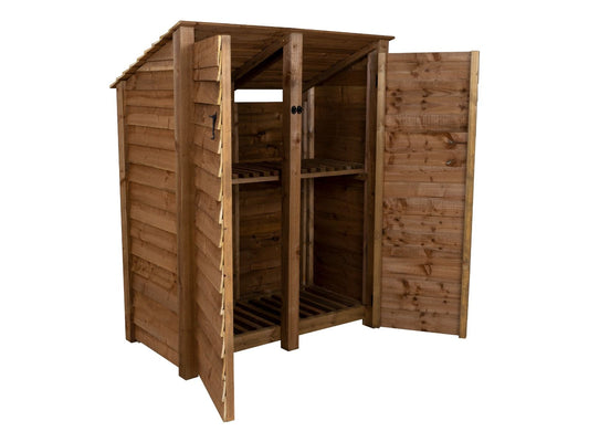 Wooden Log Store (Roof Sloping Back) with Door and Shelf W-146cm, H-126cm or 180cm, D-88cm - Brown Finish