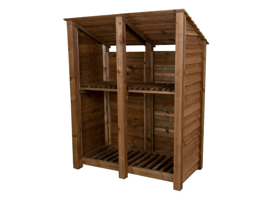 Wooden Log Store (Roof Sloping Back) with Shelf W-146cm, H-126cm or 180cm, D-88cm - Brown Finish
