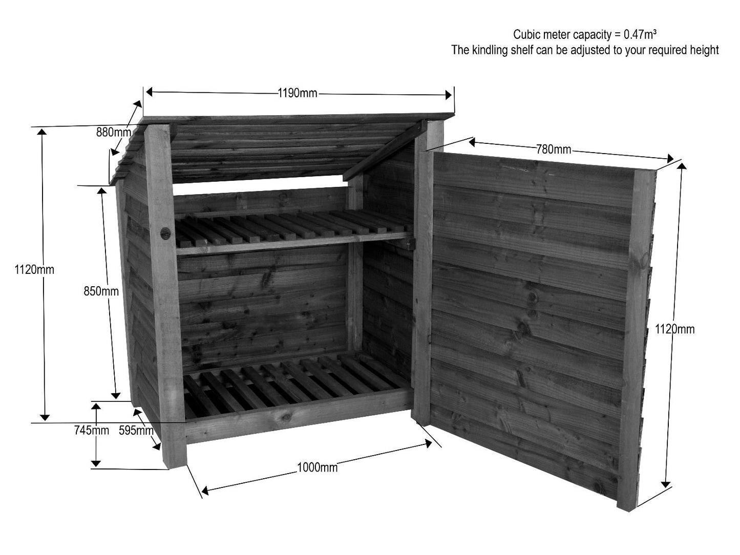 Wooden Garden Tool Storage with Shelf (Roof Sloping Back) W-119cm, H-126cm or 180cm, D-88cm - Brown Finish
