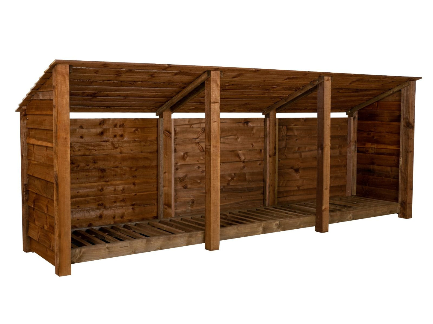 Wooden Log Store (Roof Sloping Back) W-335cm, H-126cm or 180cm, D-88cm - Brown Finish