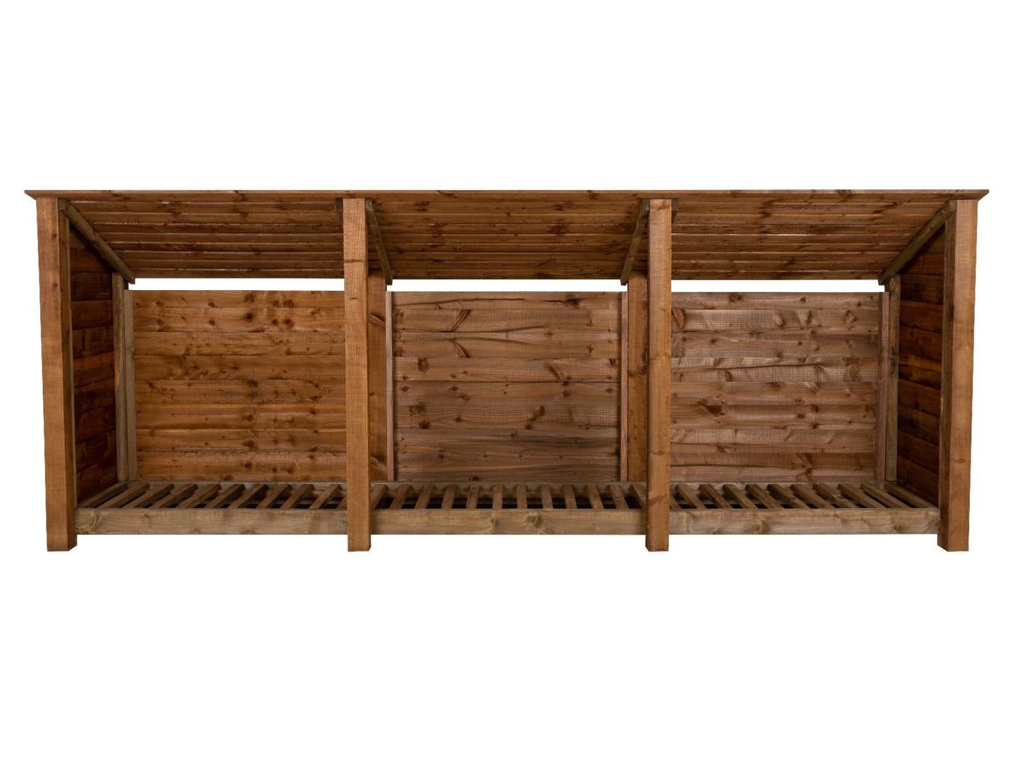 Wooden Log Store (Roof Sloping Back) W-335cm, H-126cm or 180cm, D-88cm - Brown Finish