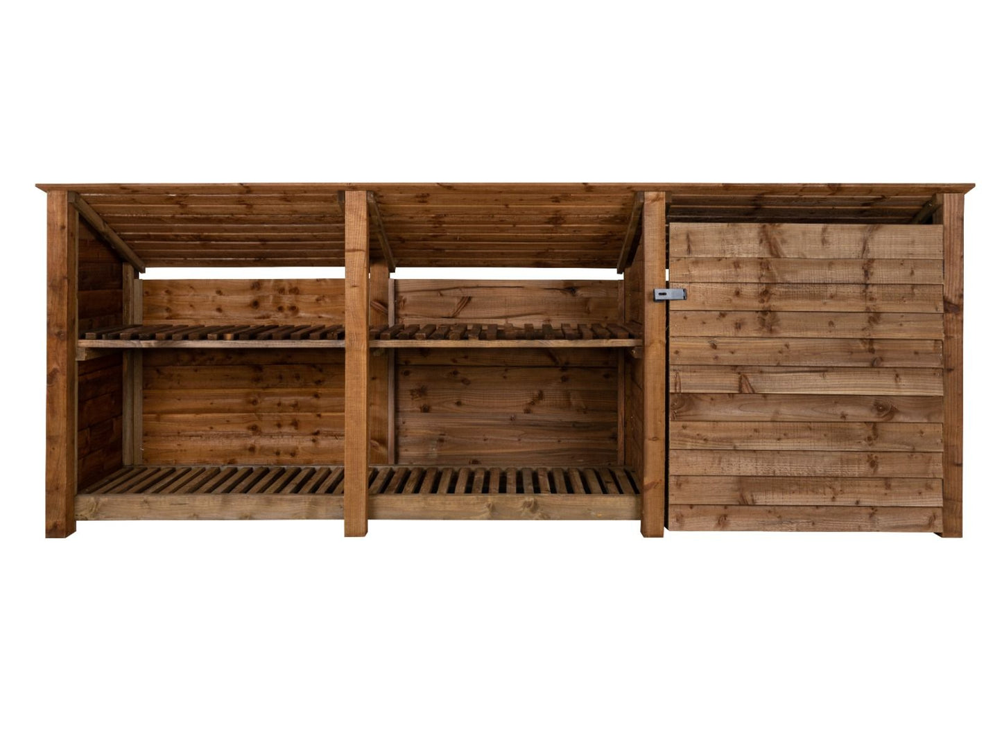 Wooden Garden Tool Storage (Roof Sloping Back) with Shelf W-335cm, H-126cm or 180cm, D-88cm - Brown Finish