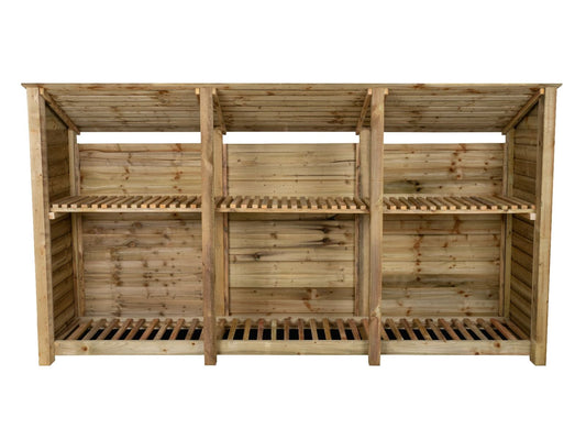 Wooden Log Store (Roof Sloping Back) with Shelf W-335cm, H-126cm or 180cm, D-88cm