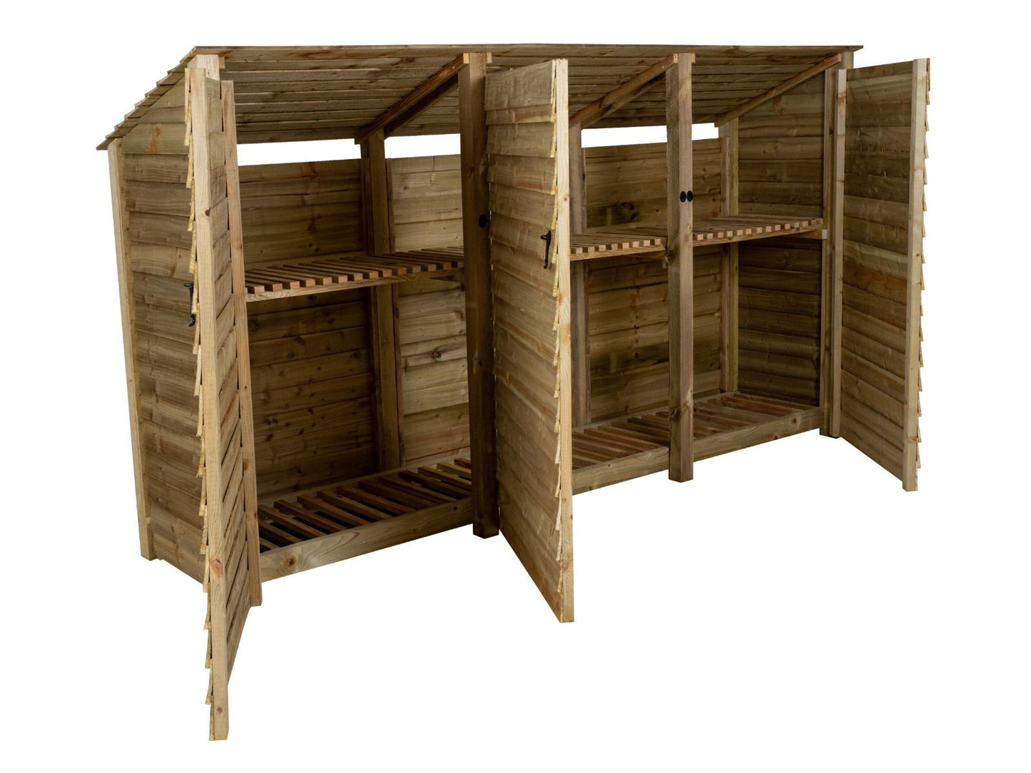 Wooden Log Store (Roof Sloping Back) with Doors and Shelf W-335cm, H-126cm or 180cm, D-88cm